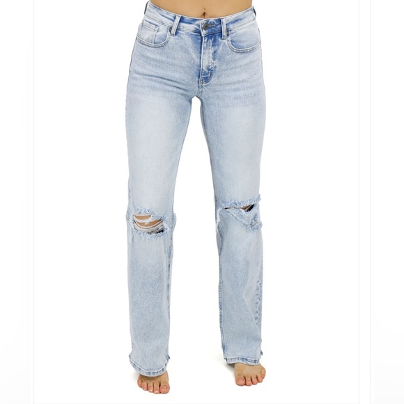 Grace & Lace Light Washed Distressed Wide Leg Jeans - Picture 4 of 5